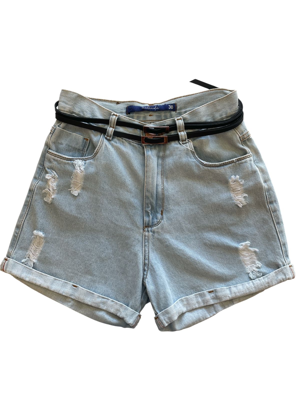 Shorts Jeans Claro Destroyed com Cinto