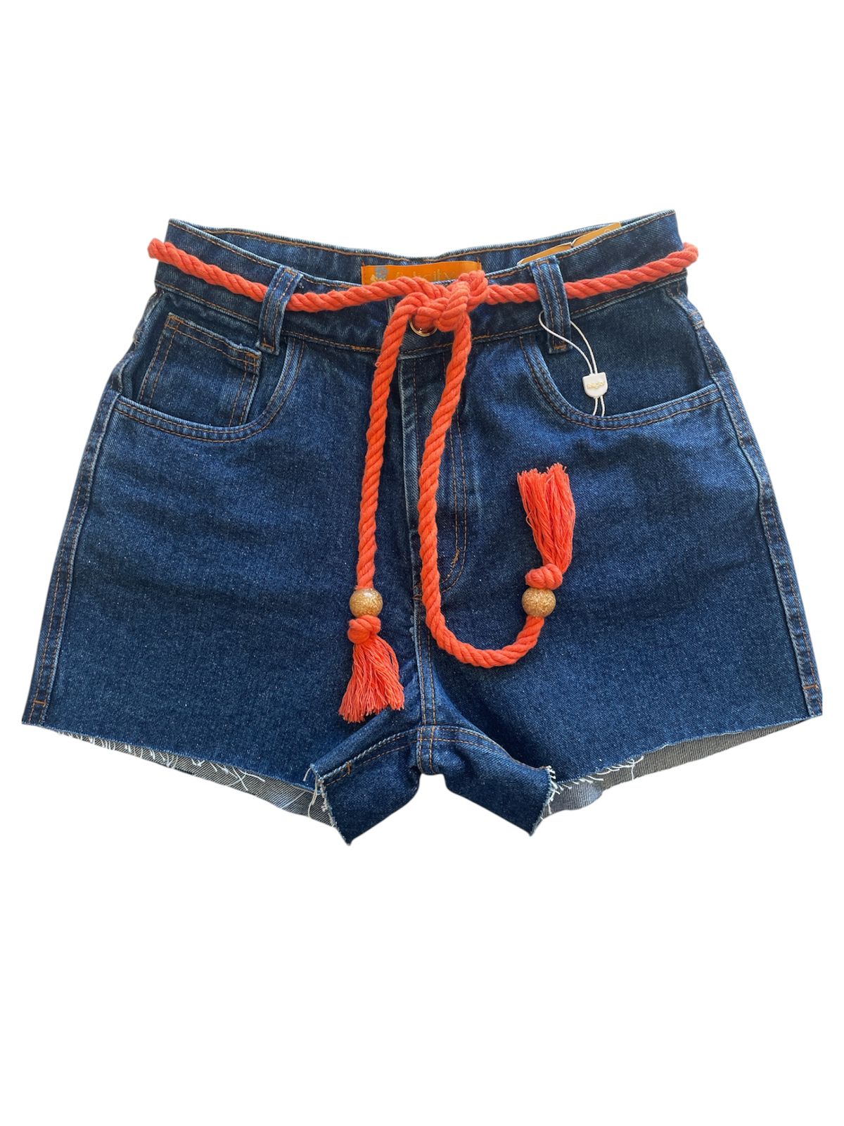Shorts Jeans Médio com Cinto Cordão Laranja