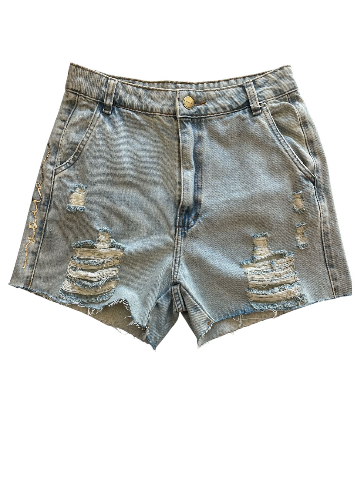 Shorts Jeans Claro Destroyed com Barra Desfiada